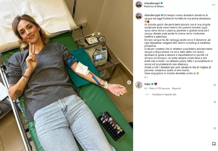 Chiara Ferragni risponde all’appello di Fedez e dona il sangue, la reazione di Fedez commuove