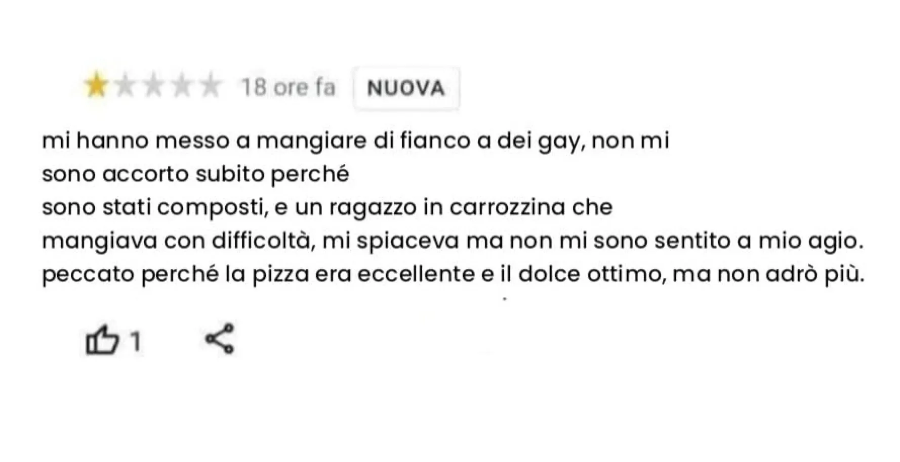 Lodi, recensione choc di un cliente di una pizzeria “Seduto Accanto a Gay e Disabili’. La risposta esemplare della proprietaria