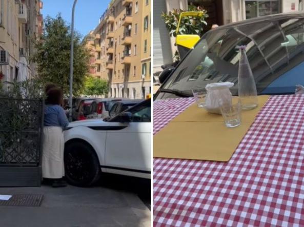 Apparecchiano sul cofano dopo che il proprietario del veicolo parcheggia davanti al ristorante, il video diventa virale