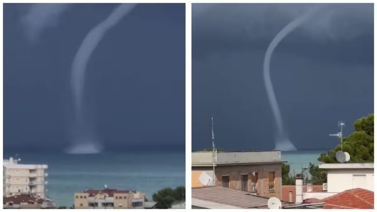 Ieri pomeriggio una tromba marina ha attraversato il tratto di mare tra Pescara e Teramo, in Abruzzo, mentre temporali e grandine hanno colpito la costa tra Silvi e Montesilvano. Il fenomeno meteorologico spettacolare è stato ripreso e condiviso sui social dai residenti.